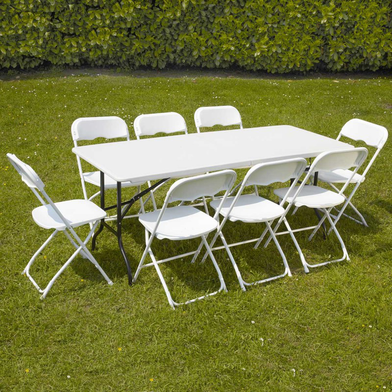Table pliante ronde 150x76 cm+ 8 chaises acier 40x45x81 cm - RETIF